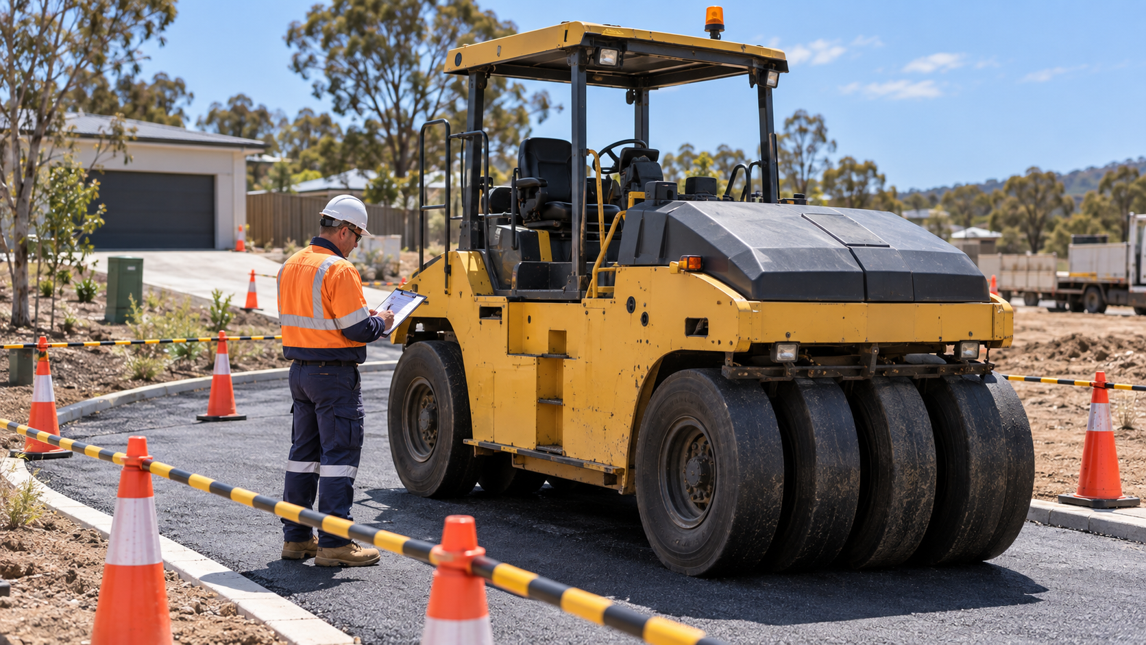 Safety Inspection of Roller at Roadworks site.